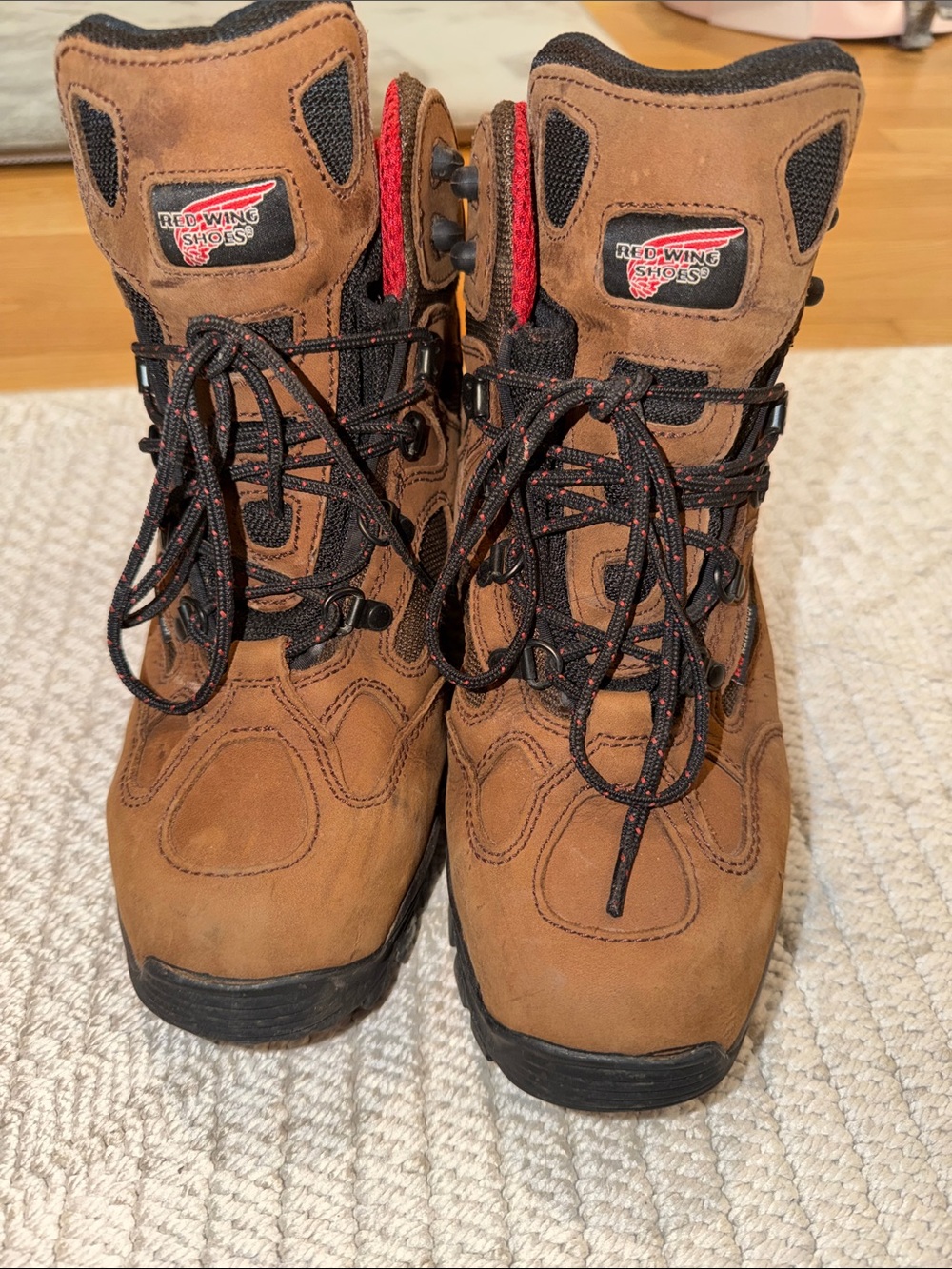 Red Wing Shoes Brown and Black Lace-Up Leather Work Boots with Red Accents